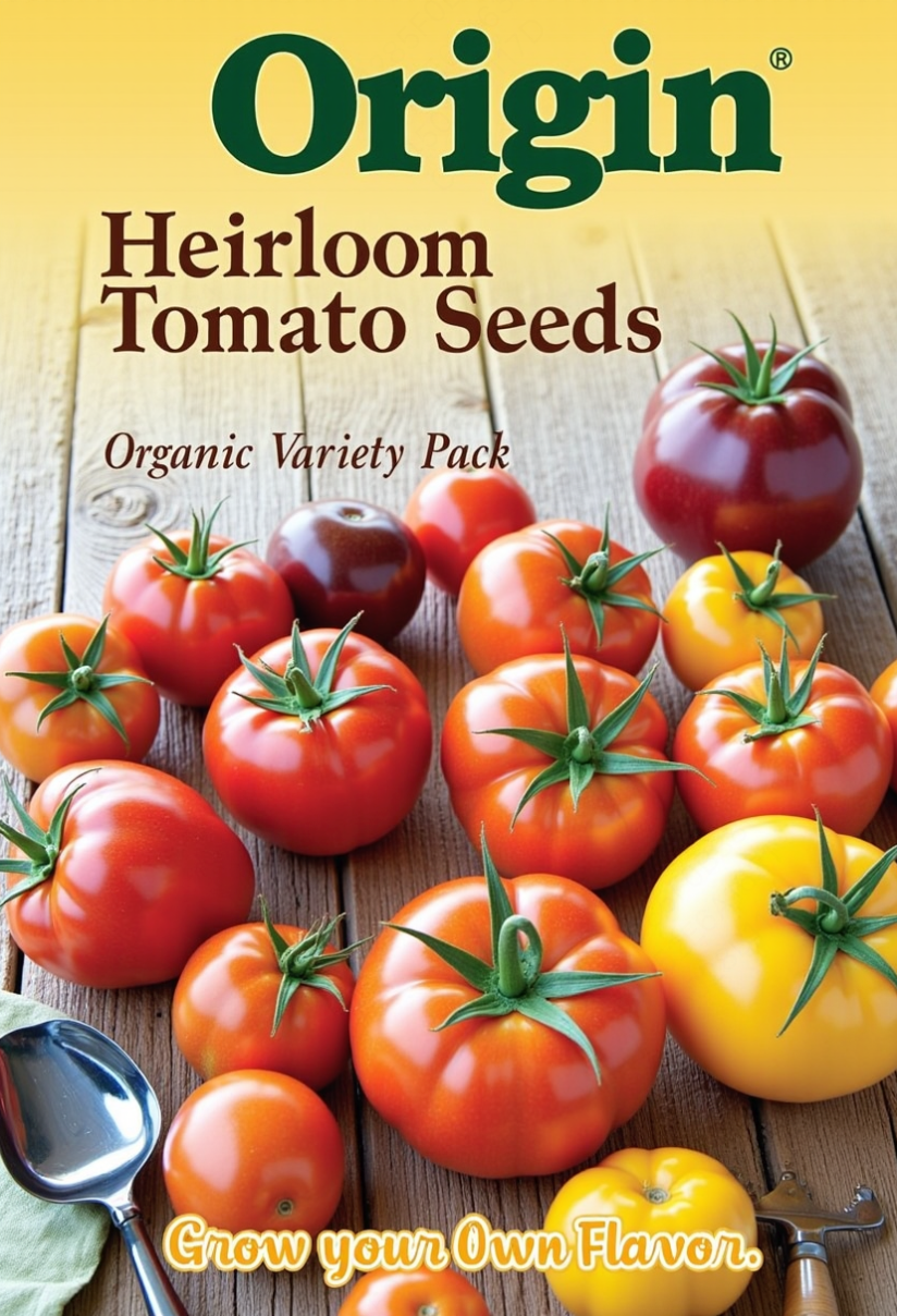 Origin: Heirloom Tomato Seeds advertisement poster